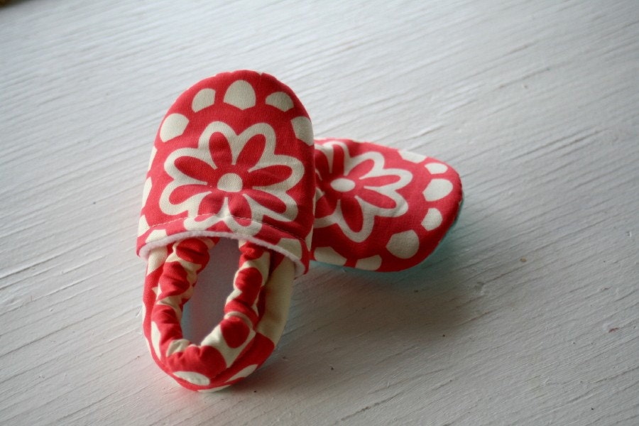 SWAG booties Infant Soft Soled Shoes Amy Butler Coral Flower burst slippers boy girl infant newborn baby toddler shower gift floral