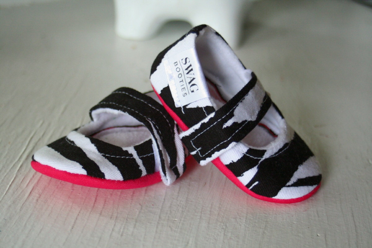 Zebra maryjane baby girl booties shoes toddler newborn velcro strap fuschia Black and White animal print slippers SWAG shower gift non slip