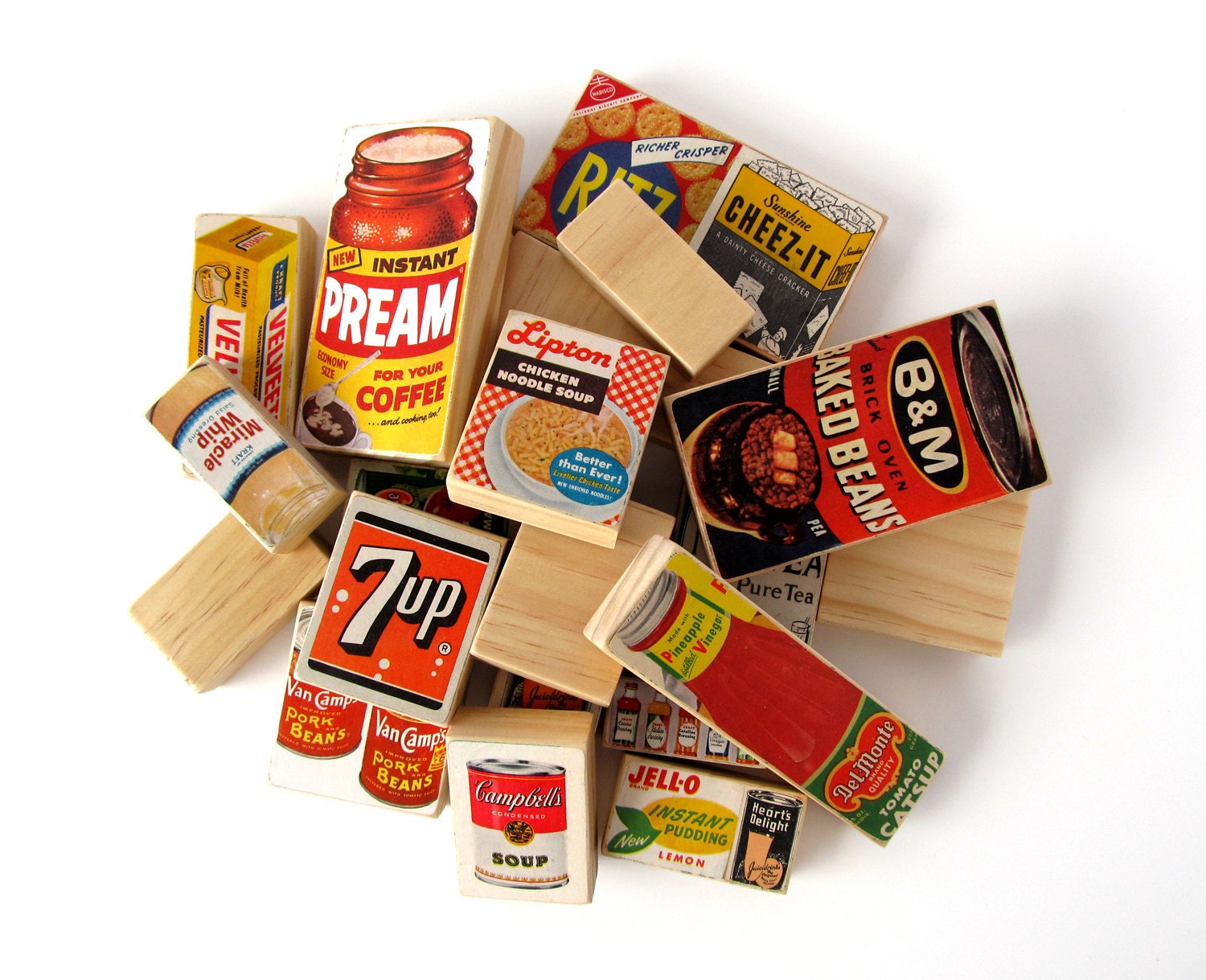 RESERVED for Julie - Groceries ART BLOCKS - Set of 21 Ephemera Art Blocks - 1950's Magazine Advertisements