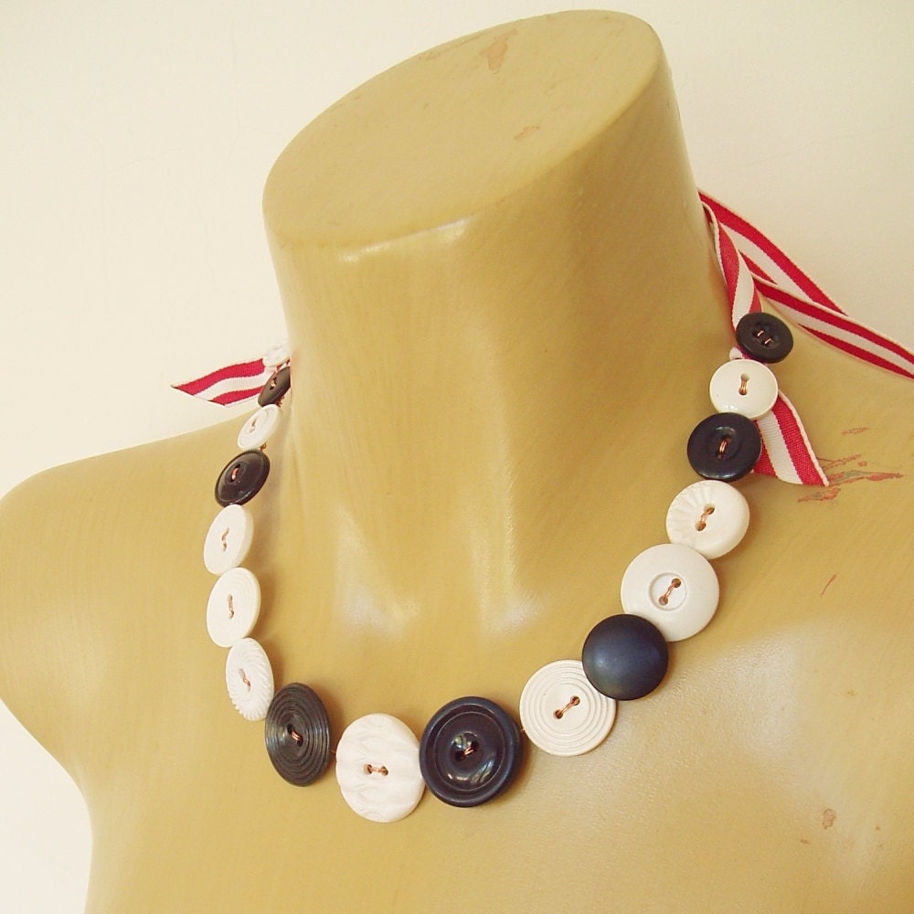 Vintage button necklace in white, navy, red - Ahoy there sailor