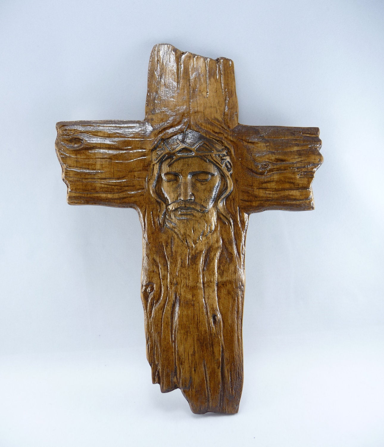 WOODEN CROSS With Jesus Face Religious Plaque Sign Wall Hanging Decorative Home Decor Handcrafted Carved