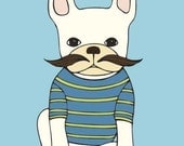 french bulldog with mustache art print // blue & green stripe