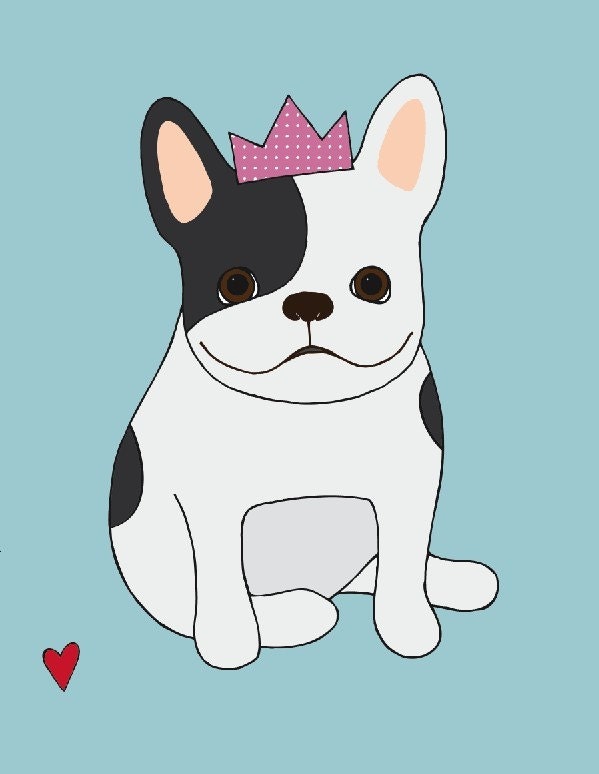pied french bulldog with crown art print // blue & pink