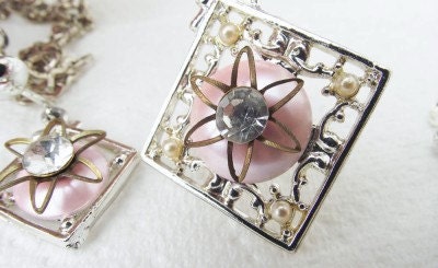 Vintage earrings and pendant set silver tone and pink
