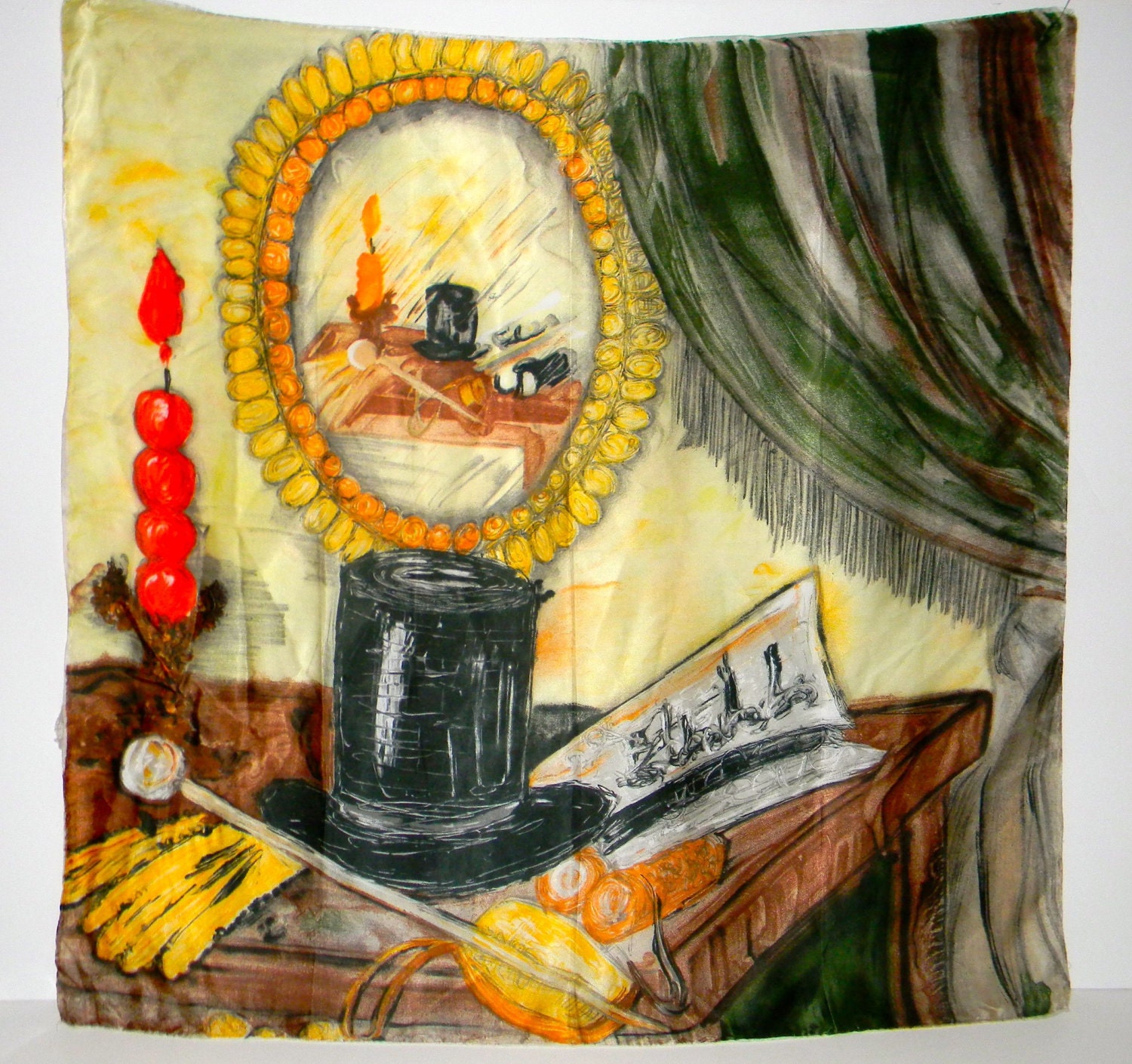 Vintage silk scarf, almost like a painting - large square scarf, silk scarf