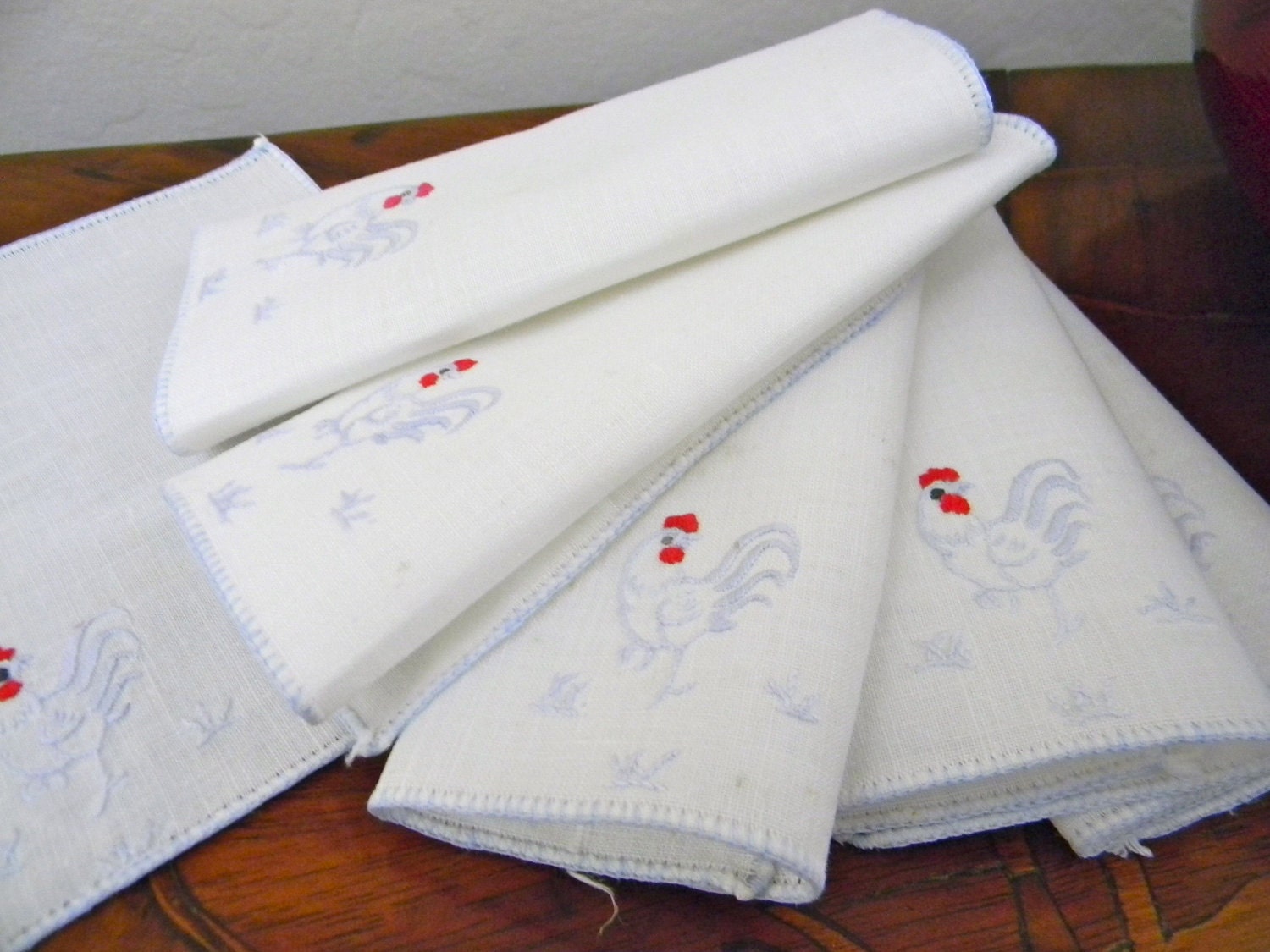 Vintage bar mats, coasters, finger napkins - embroidered linen - snack napkins set of 6 - rooster , chicken design
