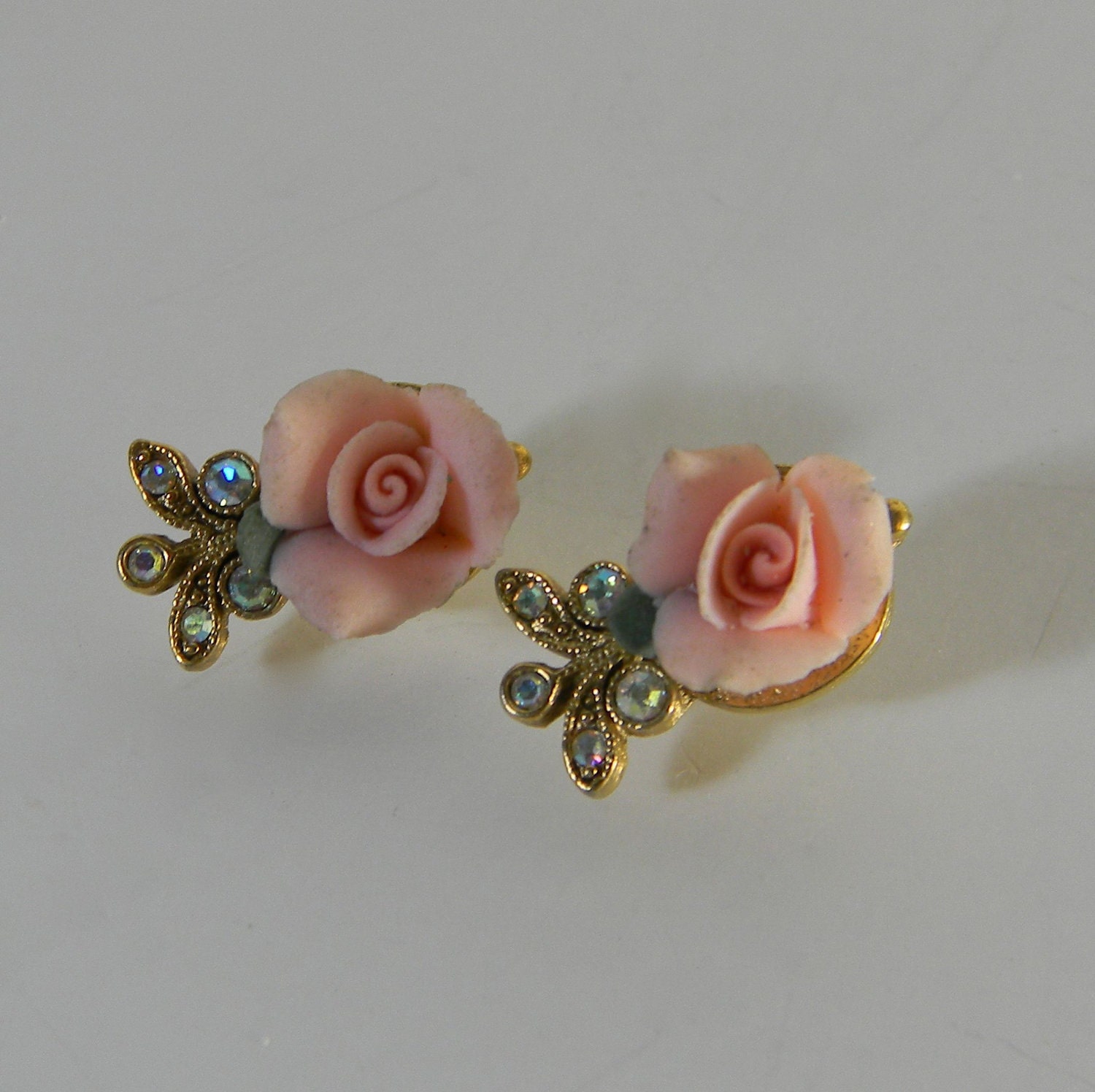 Vintage earrings, studs, Pink Rose earrings for pierced ears - diamante leaves
