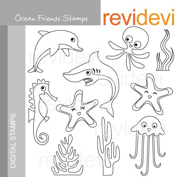 Ocean Friends Stamps 07194 - Digital Stamps - Commercial Use Clipart