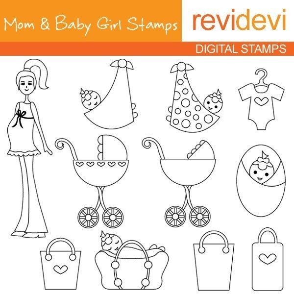 Digital stamp - Mom and Baby Girl Stamps 07060 - Digistamps - Commercial Use Clipart