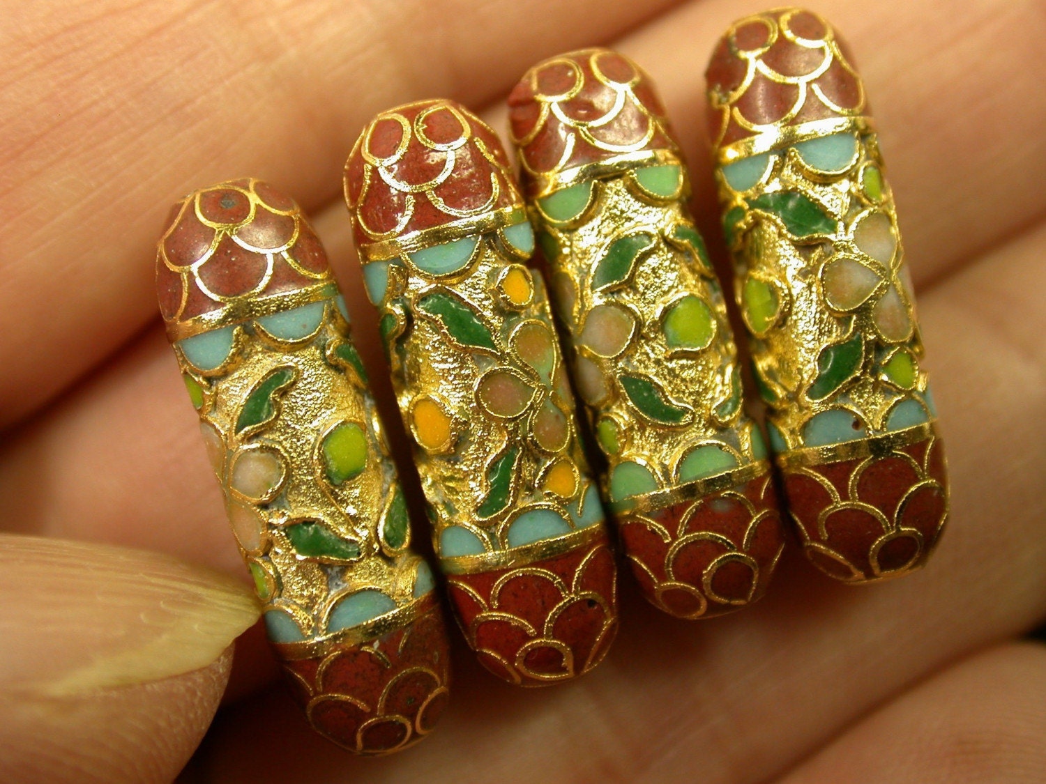 Vintage Chinese Cinnabar Red Raised Gold green flowers elongated 22mm pkg 4 clo69