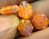 Vintage Glass Beads German PINK ORANGE Flat Oval FLOWERS 9mm pkg4 gl317