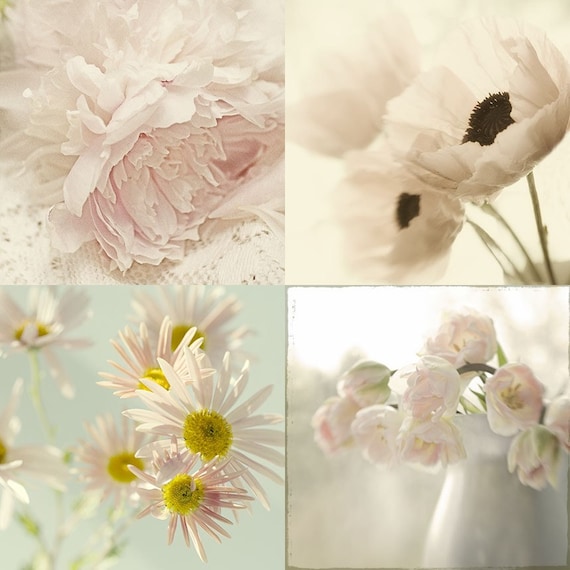 Shabby Chic Wall Decor, Flower Photographs, Four Floral  Art Prints Set, Ethereal Still Lifes, Peony, Tulip, Poppy, Daisy, Pink