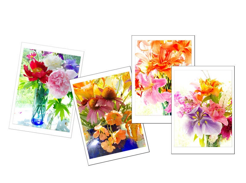 Flower Photo Cards, Four Blank Cards, Card Set, Nasturium, Lily, Peony, Iris,Pink, Orange