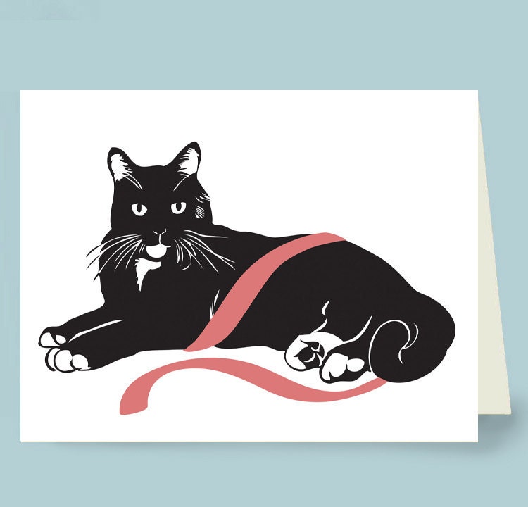 6 Black Cat with Pink Ribbon Cards: Benefits Breast Cancer Research