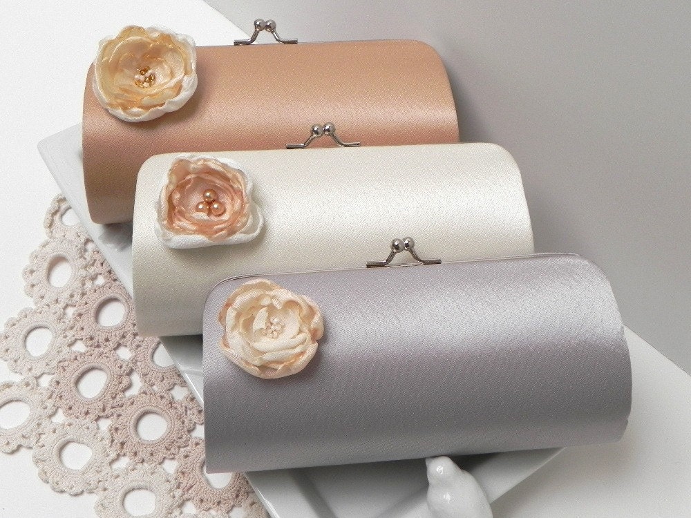 Bridal Clutch or Bridesmaid Clutch with Small Flower Blooms  - Kisslock Snap Petite Clutch - Silver Ivory Champagne Latte - SALE SALE