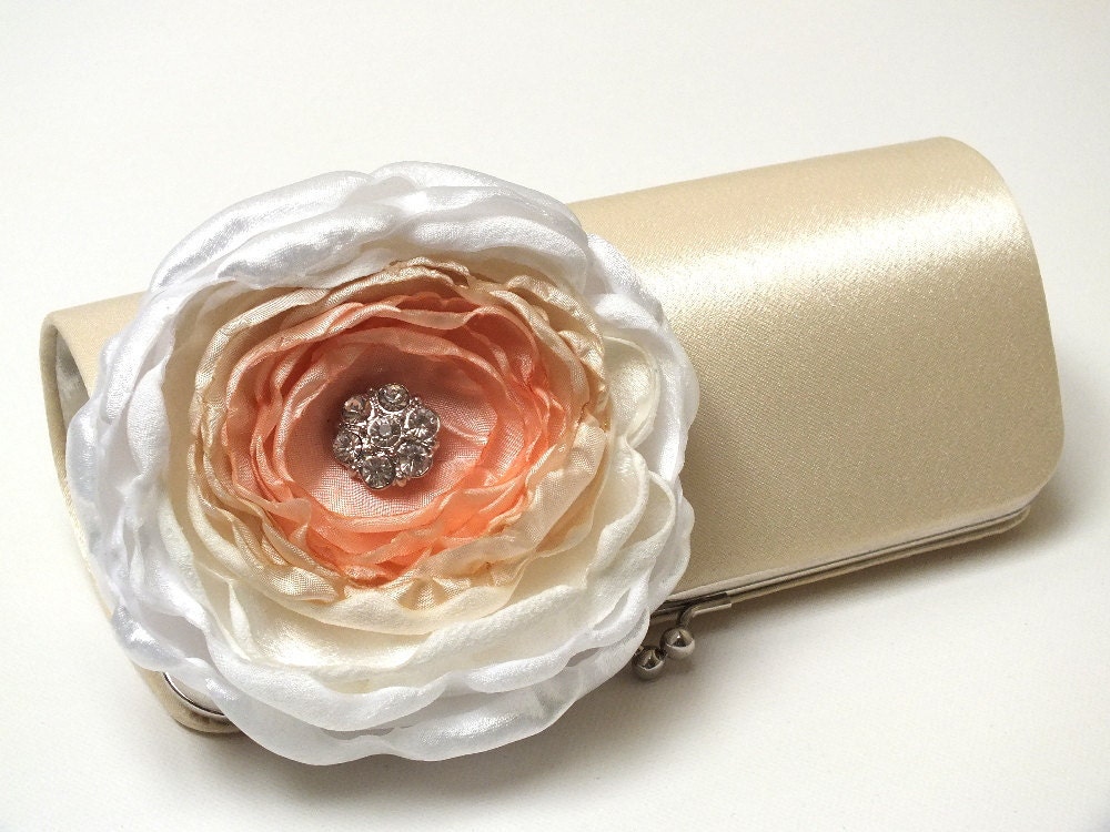 Shabby Chic Cream Bridal Clutch - Bridesmaid Clutch - Rhinstone Bouquet Clutch Champagne White Ivory Peach Flower Bloom -
