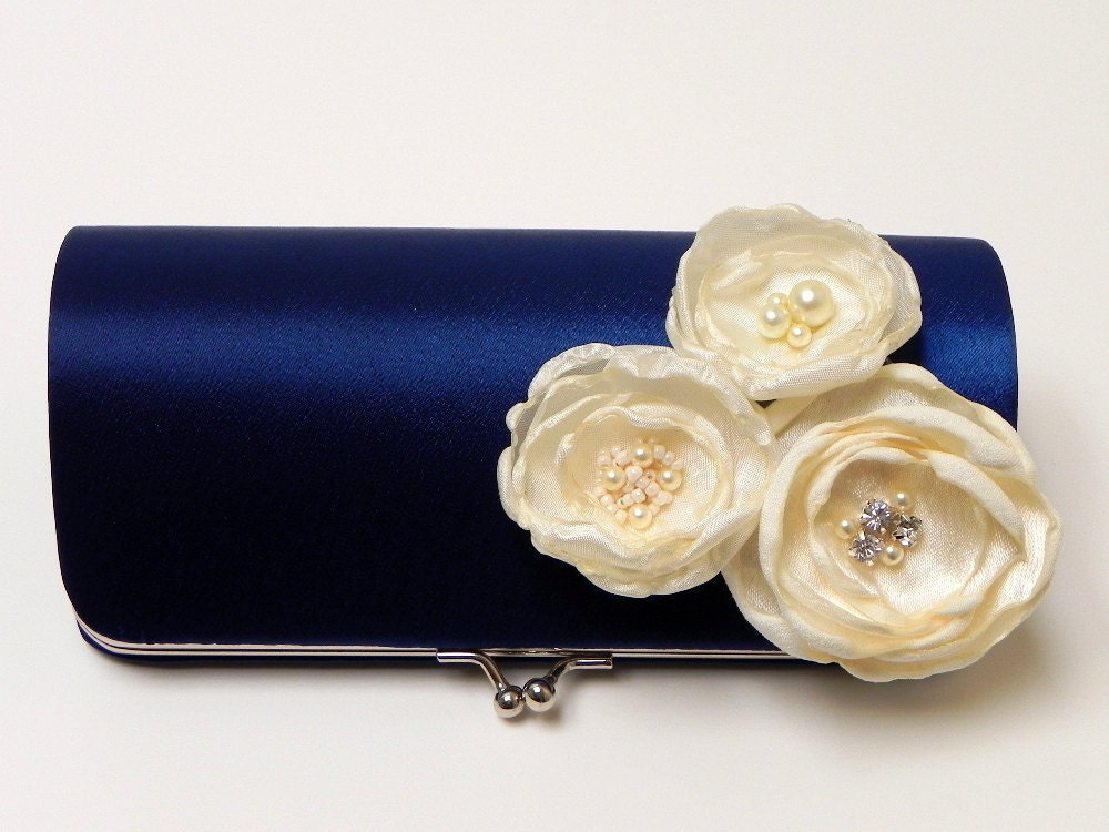 Bridesmaid Clutch Navy Blue Bridal Clutch - Ivory Flower Blossoms with Rhinestones - Kisslock Snap Bouquet Clutch -