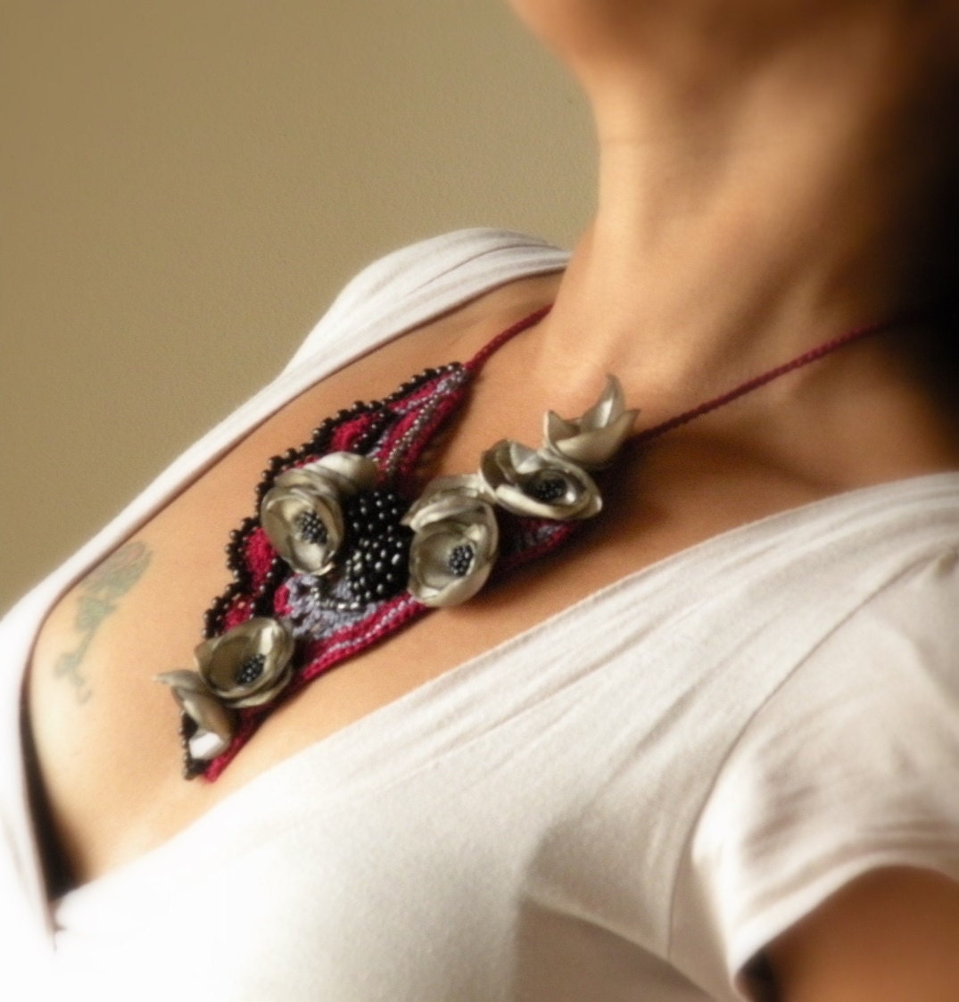 CLEARANCE  statement necklace in red wine , gray and black