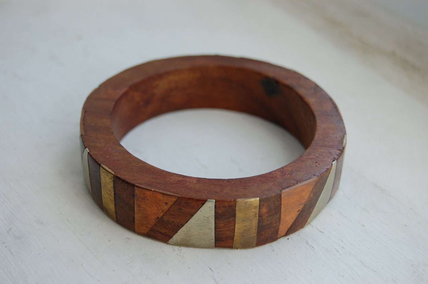 Vintage 1970s Geometric Patina Wood Bangle Bracelet