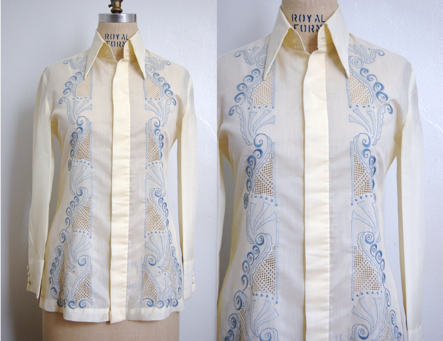 Vintage 1970s JAYTON RHODES Blue Embroidered Guayabera Shirt