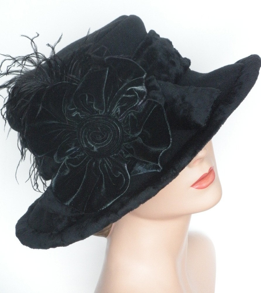 Ladies Fleece Hat - Wide Brim Edwardian Style -  Titanic Hat - Black with Silk Velvet Flower - MIllie