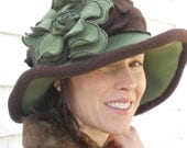 Ladies  Polar Fleece Hat,  Edwardian Style, Moss Green and Brown, Charlotte