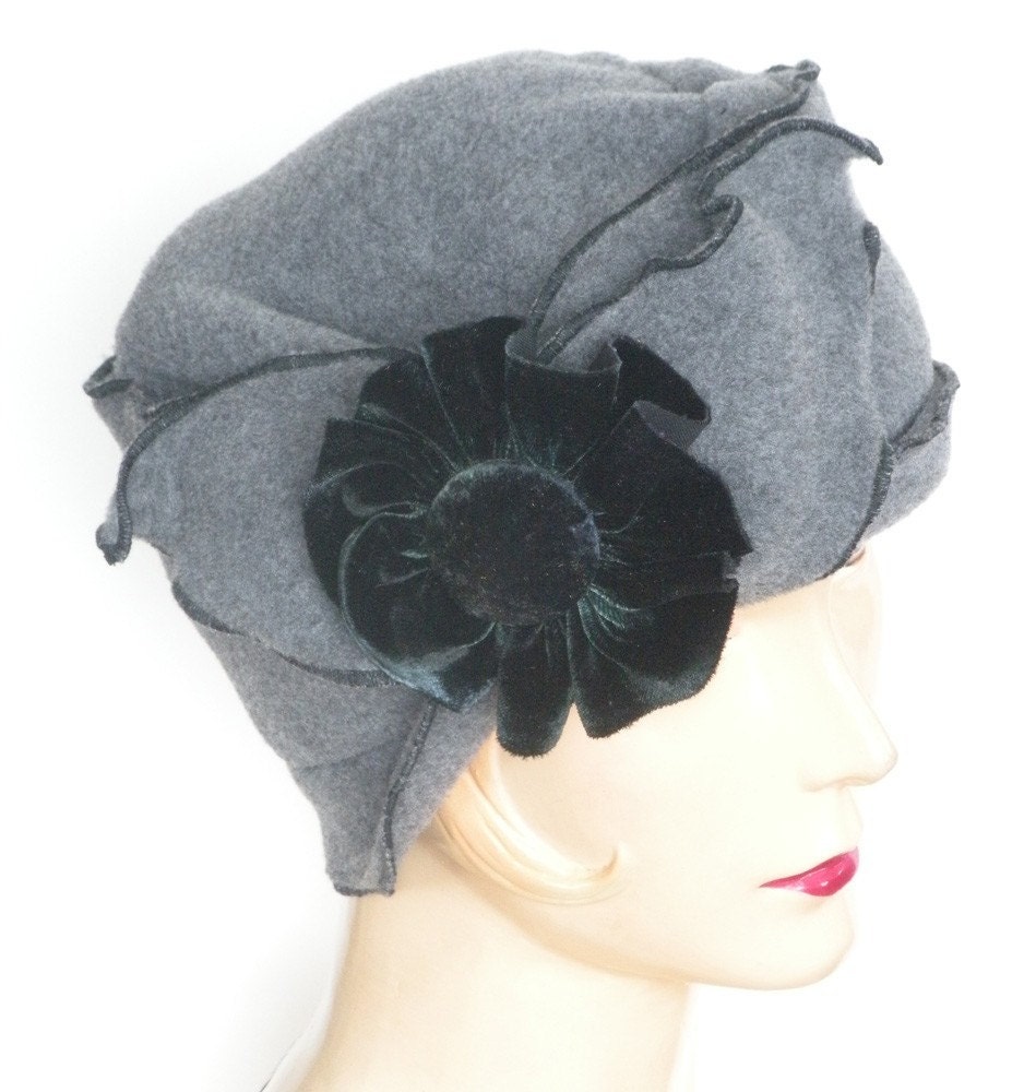 Turban Flapper Hat,    Grey Polar Fleece Ladies Cloche Hat ,  Velvet Flower,  Brooke