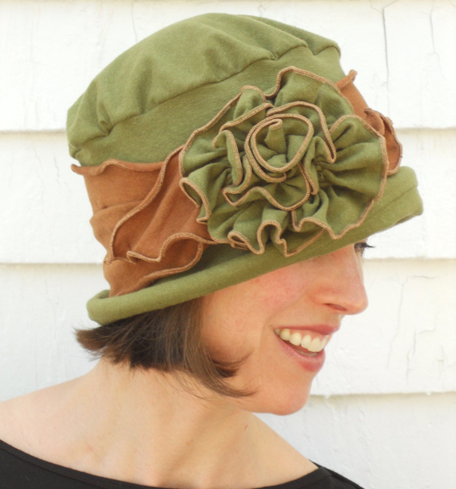 Organic Flapper Hat - Hemp Jersey Cloche - Packable For Travel  - Moss and Chocolate Brown - Charlotte