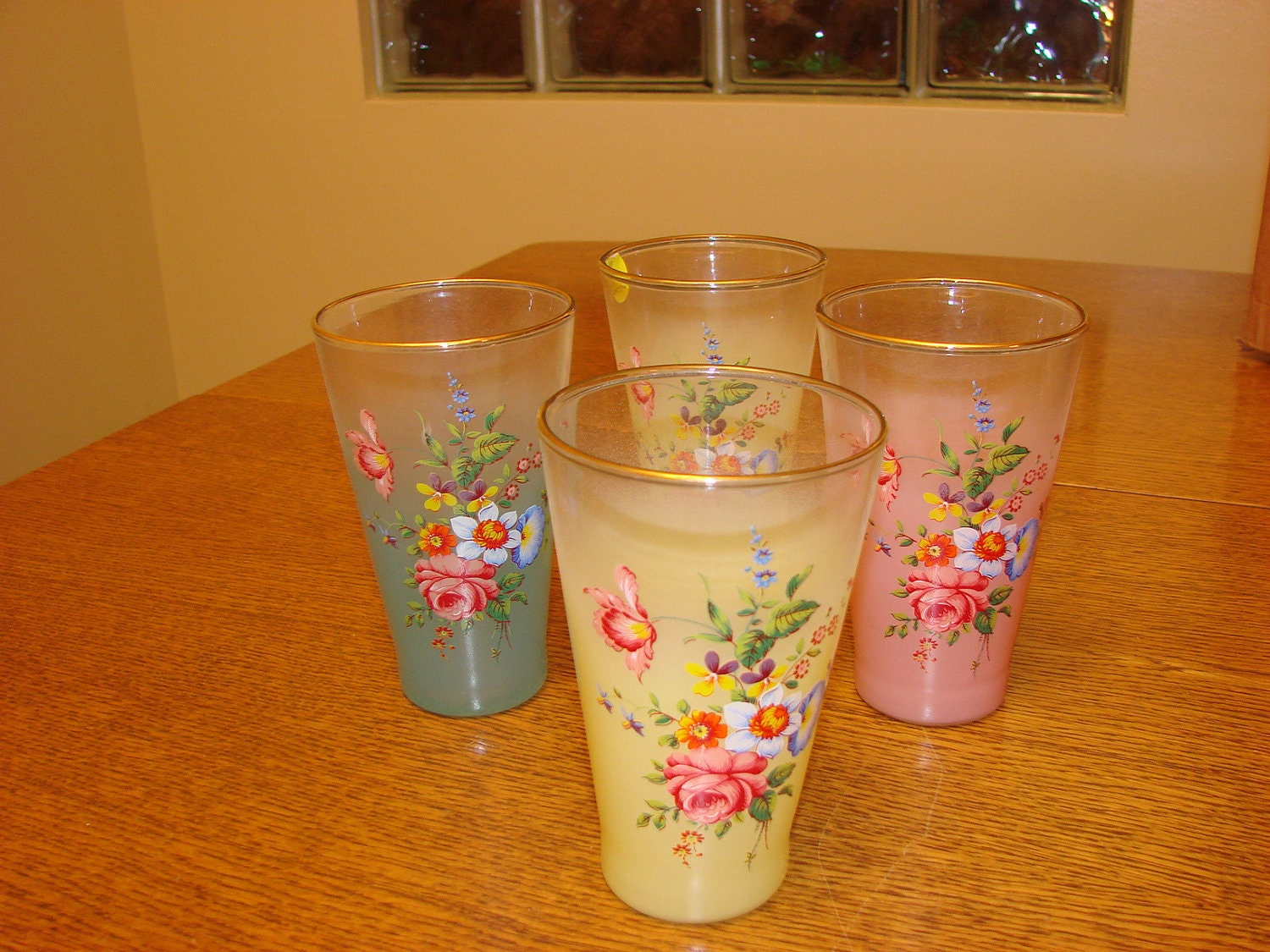 CUSTOM ORDER FOR - JLaurelArt-4 Vintage Frosted Glasses With Floral Decals & a Vintage Silent Butler