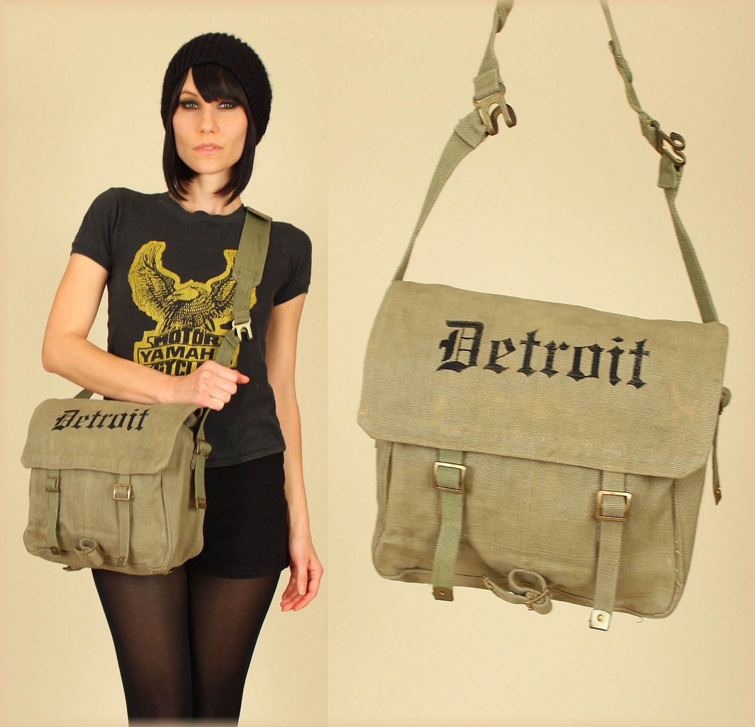 Vintage 1950's DETROIT Military Heavy Canvas Messenger Bag HandBag