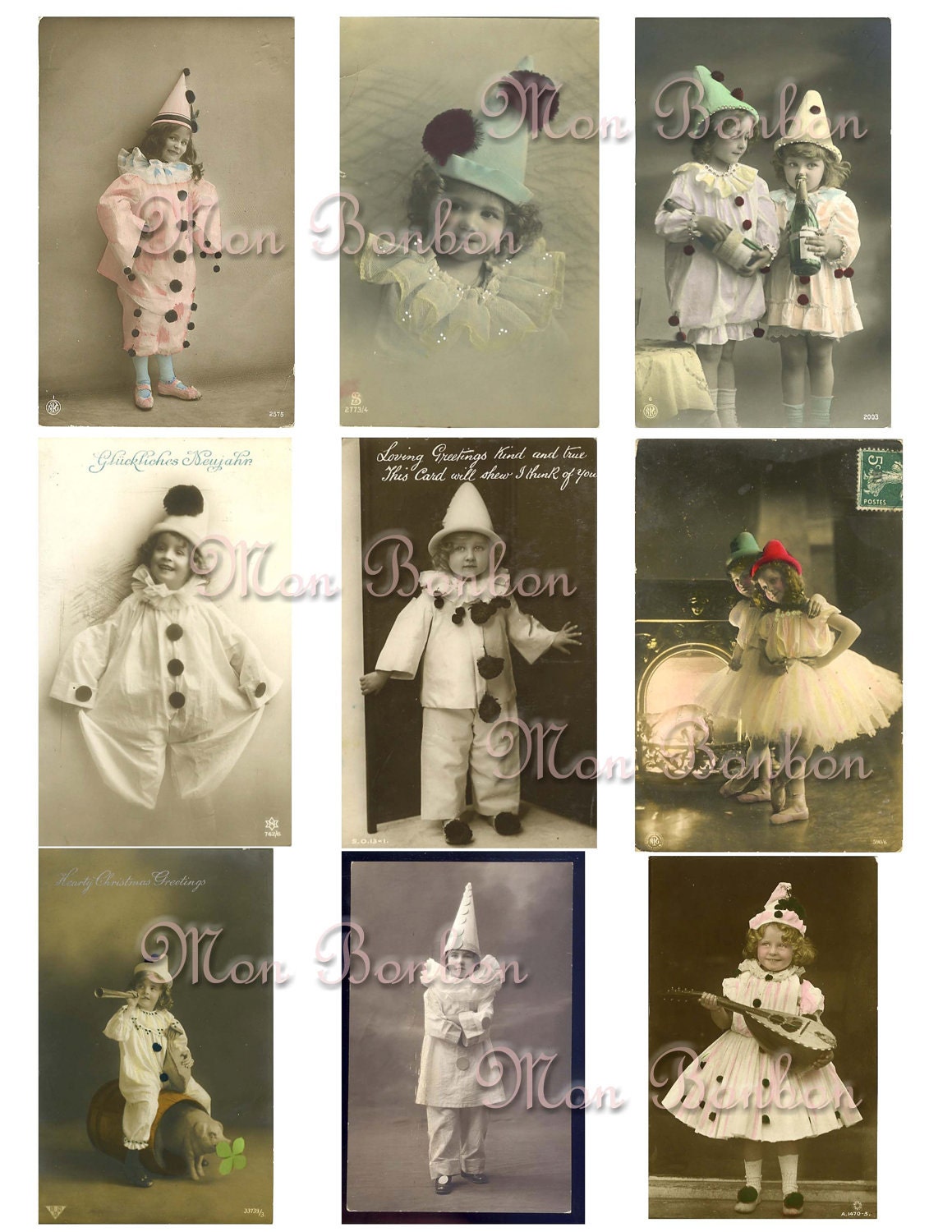 Vintage Clown Kids Photos Postcards Digital Collage Sheet - INSTANT DOWNLOAD