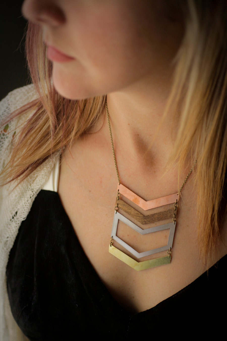 Chevron Multi Metal Necklace with Brass and Copper