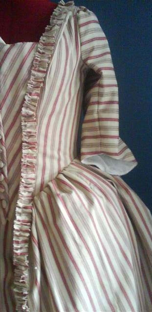 1770 - 1790 Century, Colonial, Cotton Polonaise Gown, hand pinked with silk ribbon, Made to Order