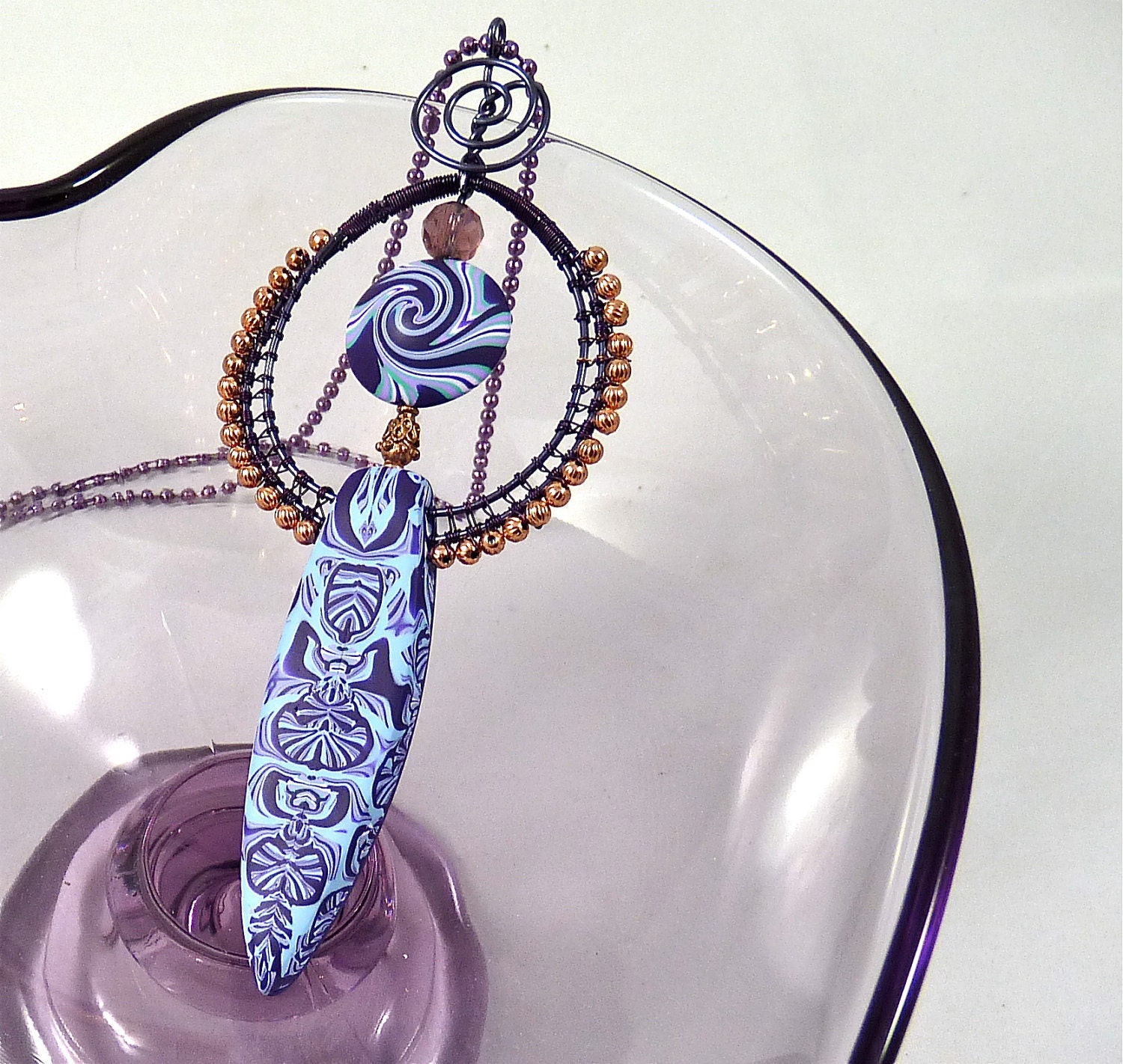 Beautiful Goddess Pendant made with Polymer Clay and Wire in Purple and Copper