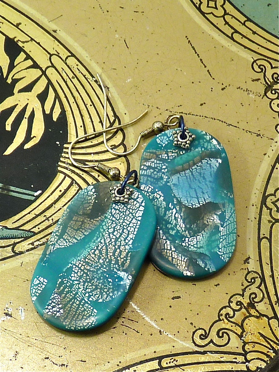 Polymer Clay Earrings Mokume Gane in Turquoise and Silver