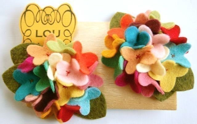 Carnival felt hydrangea clips with hand sewn centers