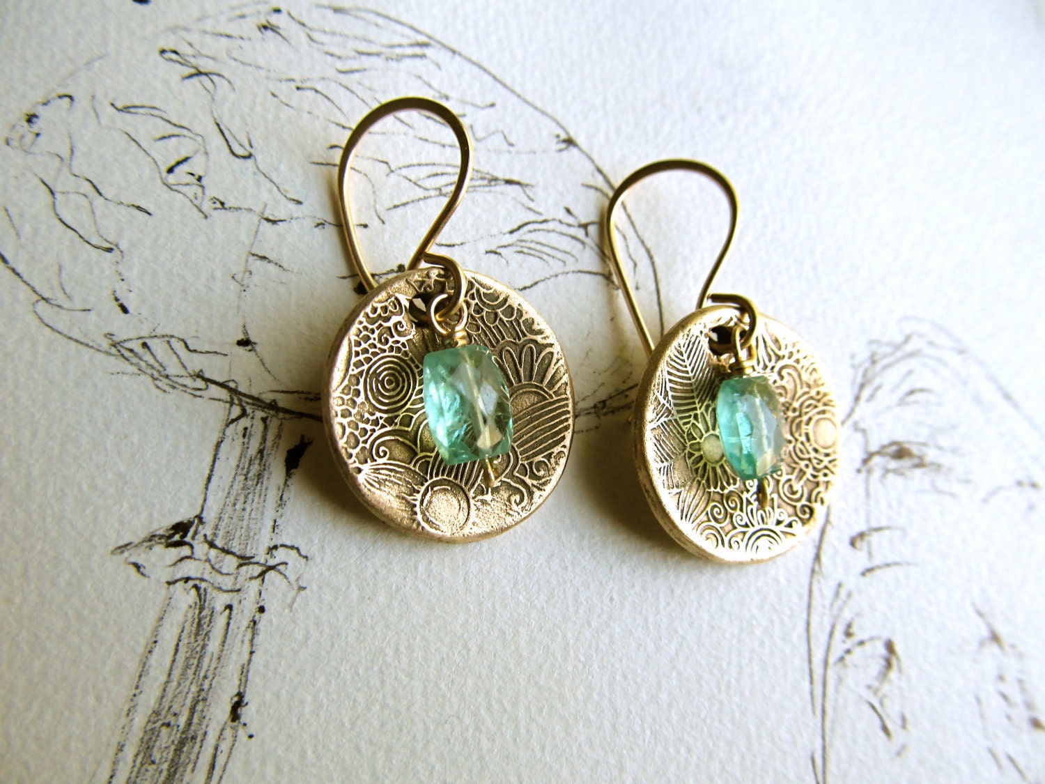 Bronze Gold Domed Disks - Apatite Stone - Earrings