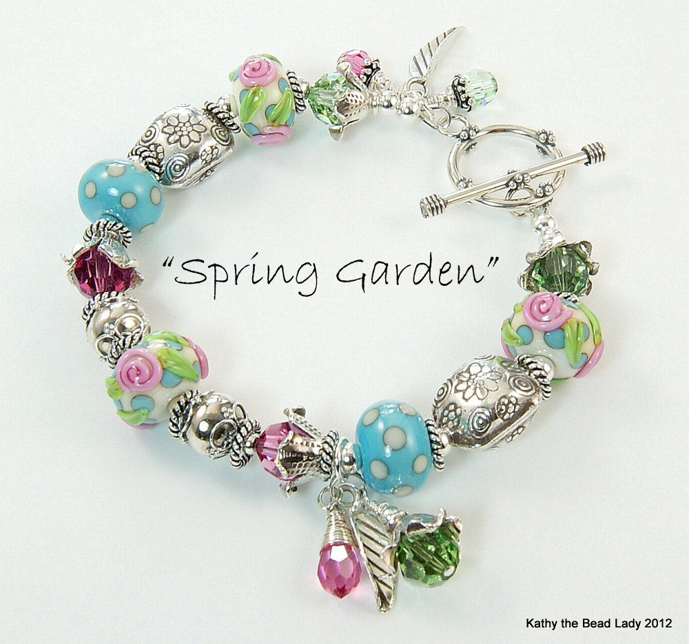 SaLe---Lampwork Bracelet - Spring Garden - Lampwork Swarovski Crystal Karen Hill Tribe Bead Bracelet - KTBL