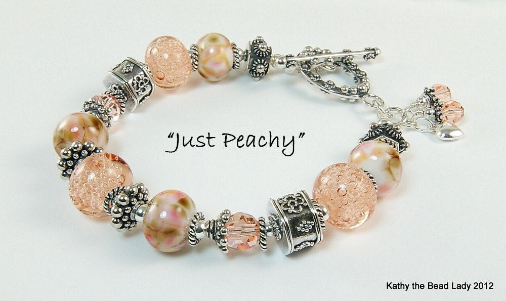 Lampwork Bracelet - Just Peachy - Lampwork Swarovski Bali Silver Bead Bracelet - KTBL