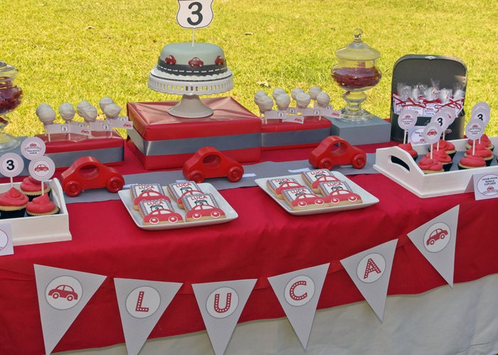 Red Car Birthday Party - PRINTABLE ONLY - Banner, Toppers, Tags, Invitation and more Il_570xn