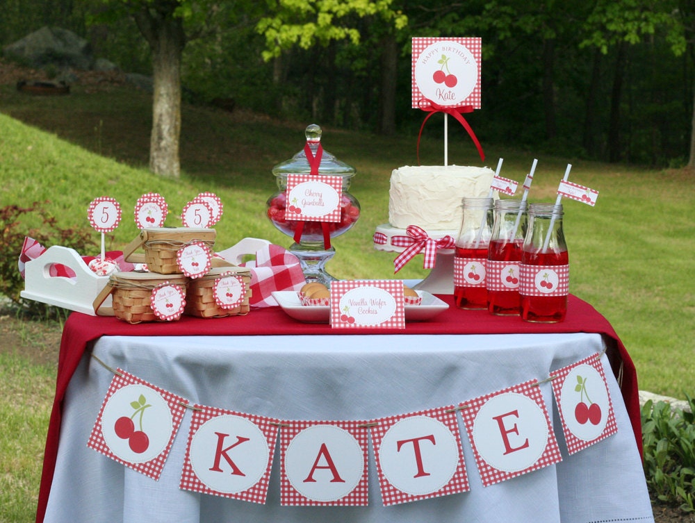 Cherry Picnic Birthday Party - PRINTABLE ONLY - Banner, Toppers, Tags, Invitation and more