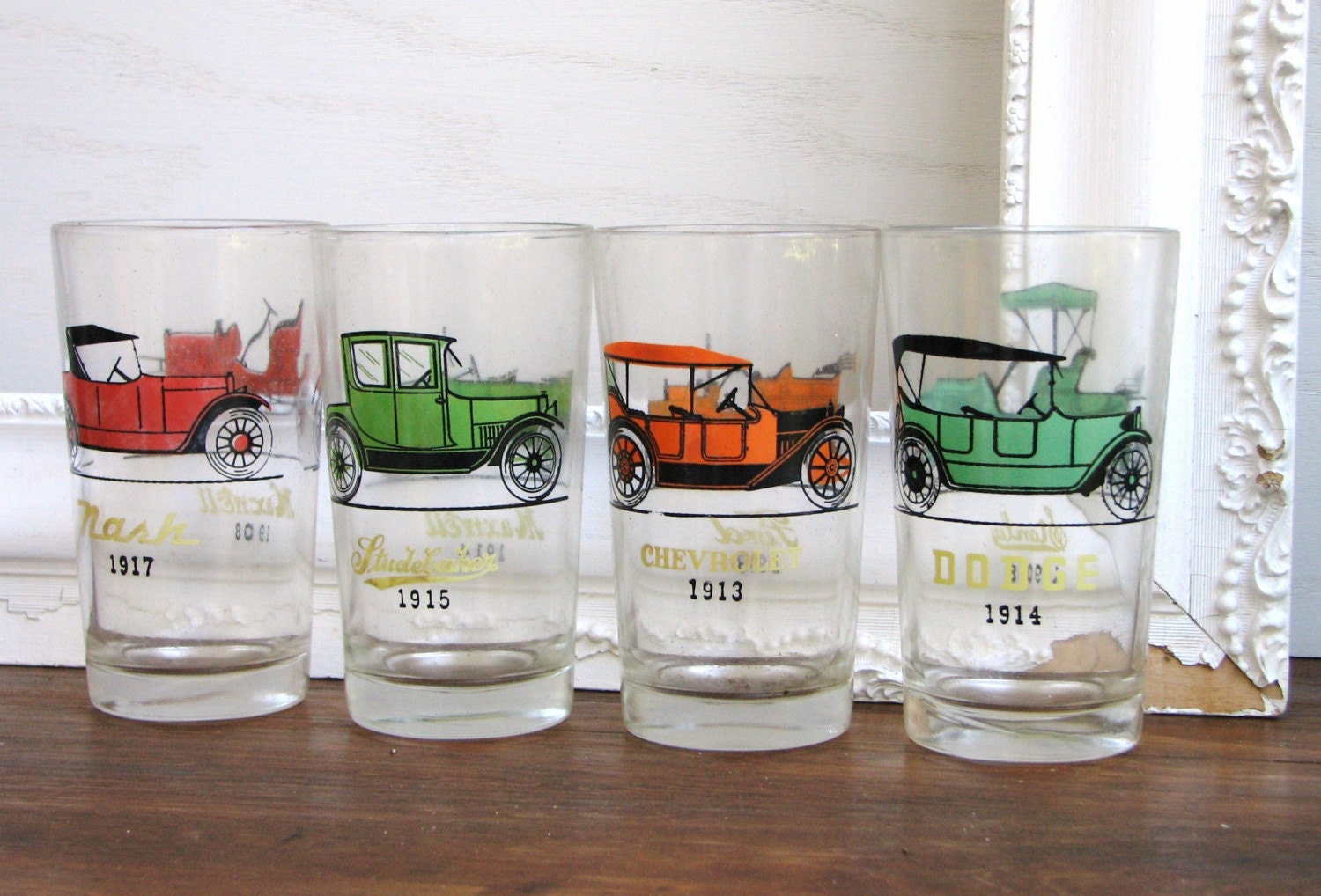 Vintage set of four antique car drinking glasses by VeroVintage