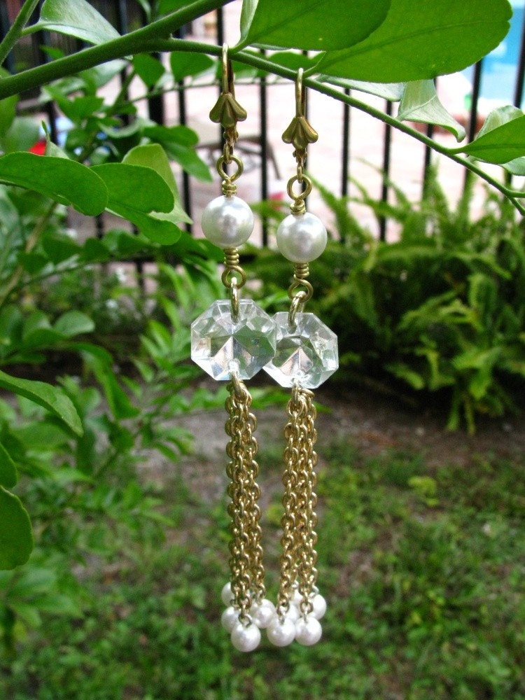 Gold Tone Tassel Earrings Chandelier Beads and Faux Pearls