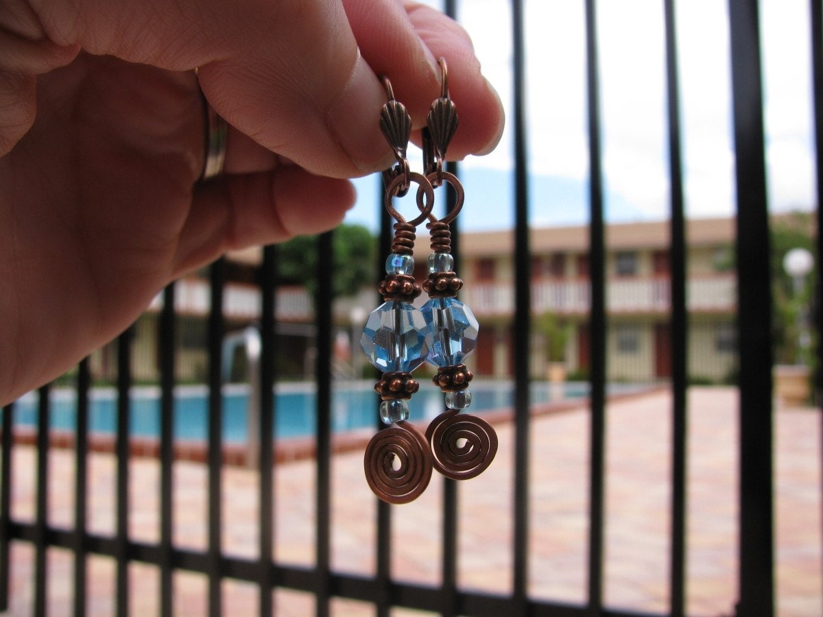 Copper Spiral Earrings with Capri Blue Round Swarovski Crystals