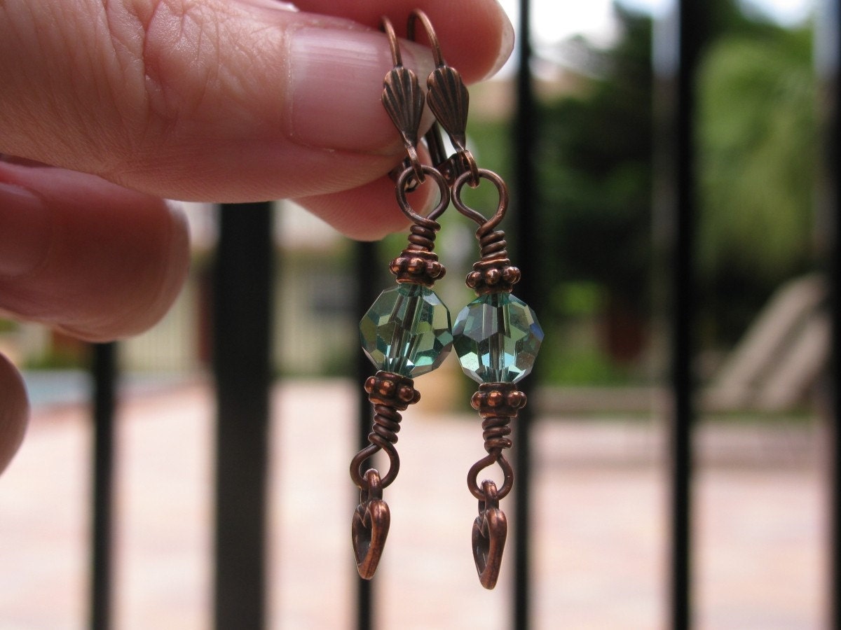 Copper Heart Earrings with Erinite Green Round Swarovski Crystals