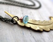 Feather Gemstone Necklace - Teal Quartz Onion & Long Mixed Metal Necklace With Brass Feather