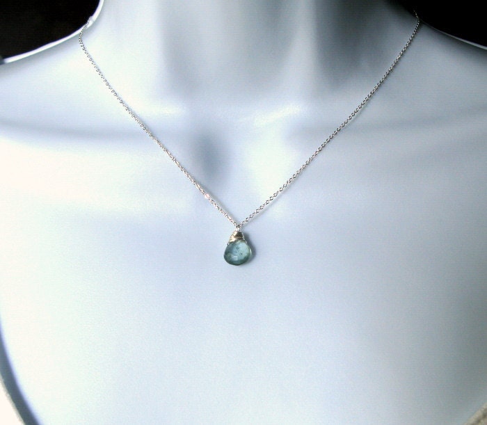 Moss Aquamarine Necklace - Wire Wrapped briolette In Sterling Silver March Birthstone, Ready To Ship