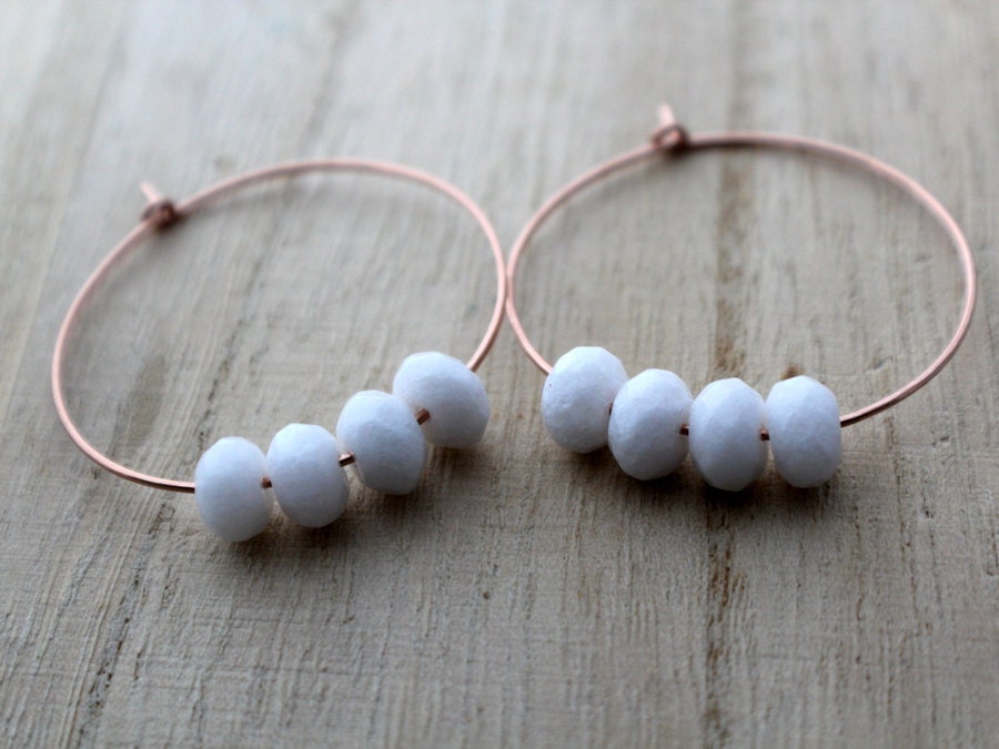 Rose Gold Hoops With White Jade - White Gemstone Hoops, Rose Gold Earrings, Summer Fashion