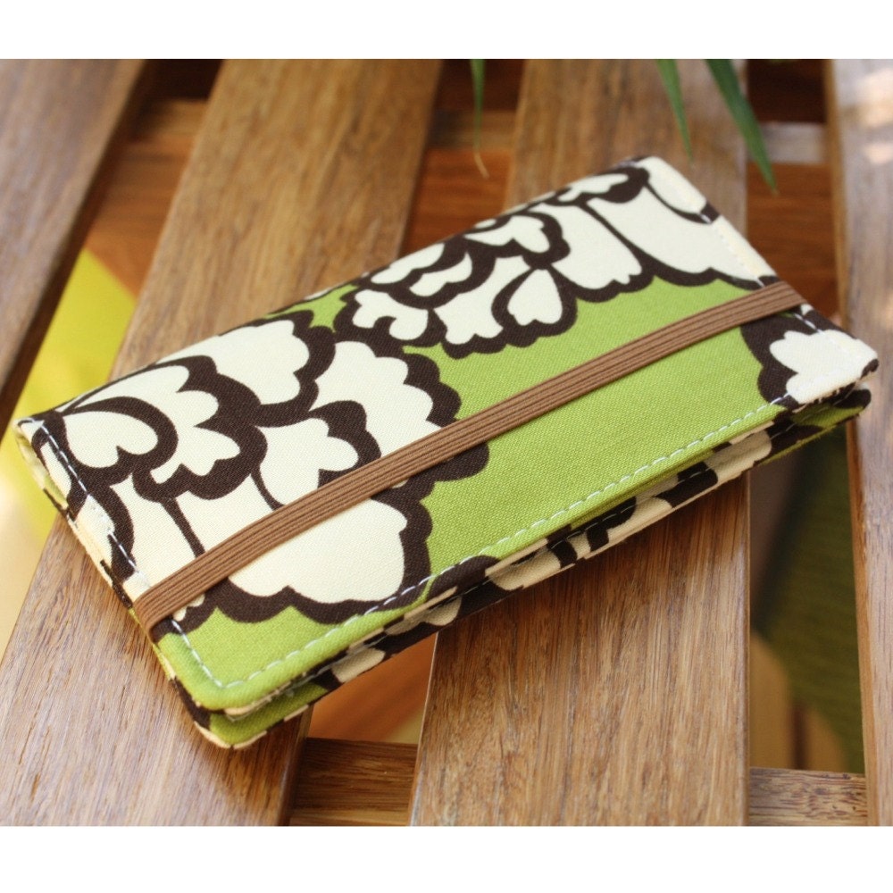 Smart Phone Wallet Or Cell Case Green, Brown, and Cream Abstract Floral Print Fabric
