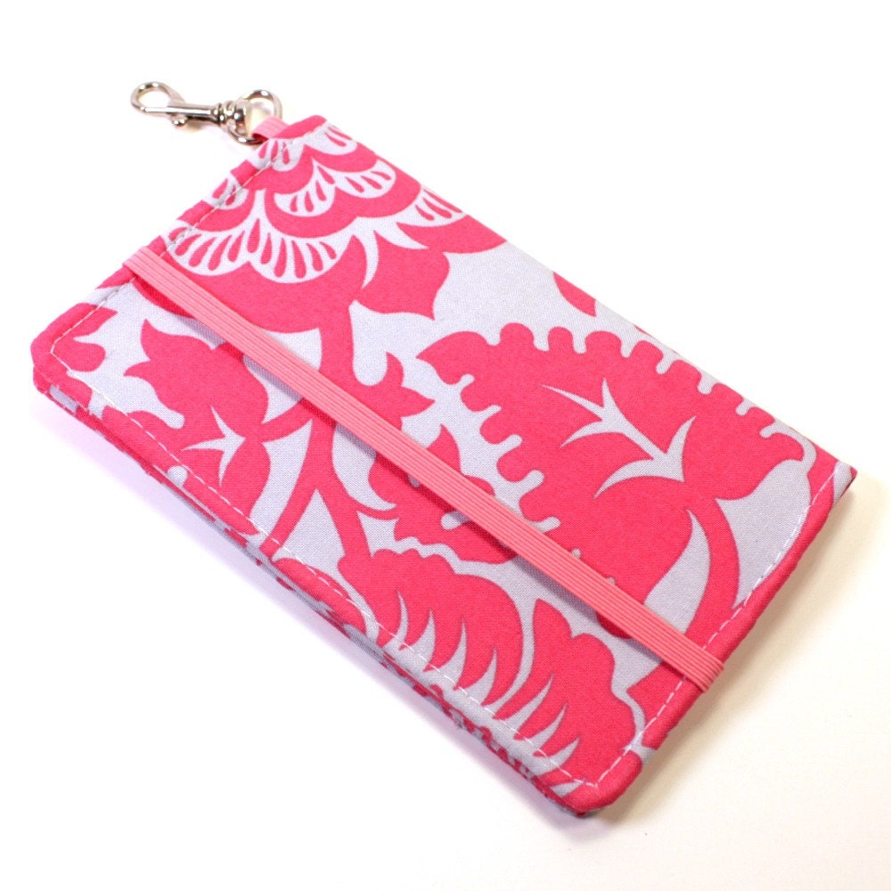Smart Phone Wallet Or Cell Phone Case in Pink and Gray Damask Floral Print Fabric